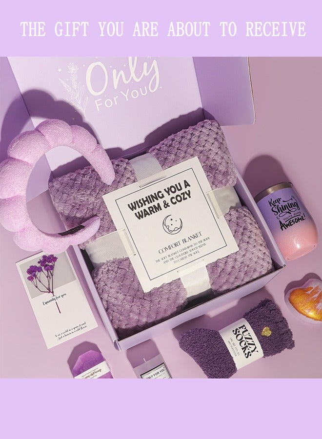 Thoraya Multi-Occasion Gift set Birthday Gift for ladies,Unique Gift Basket Ideas with Luxury Flannel Blanket Purple Gifts Box for Her Relaxing Gift Set Self Care Gifts Birthday Presents Female Friendship Gifts for Her Best Friend Bestie Girlfriend Mom Wife Sister (Ramadan/Anniversary Gift) - Image 1
